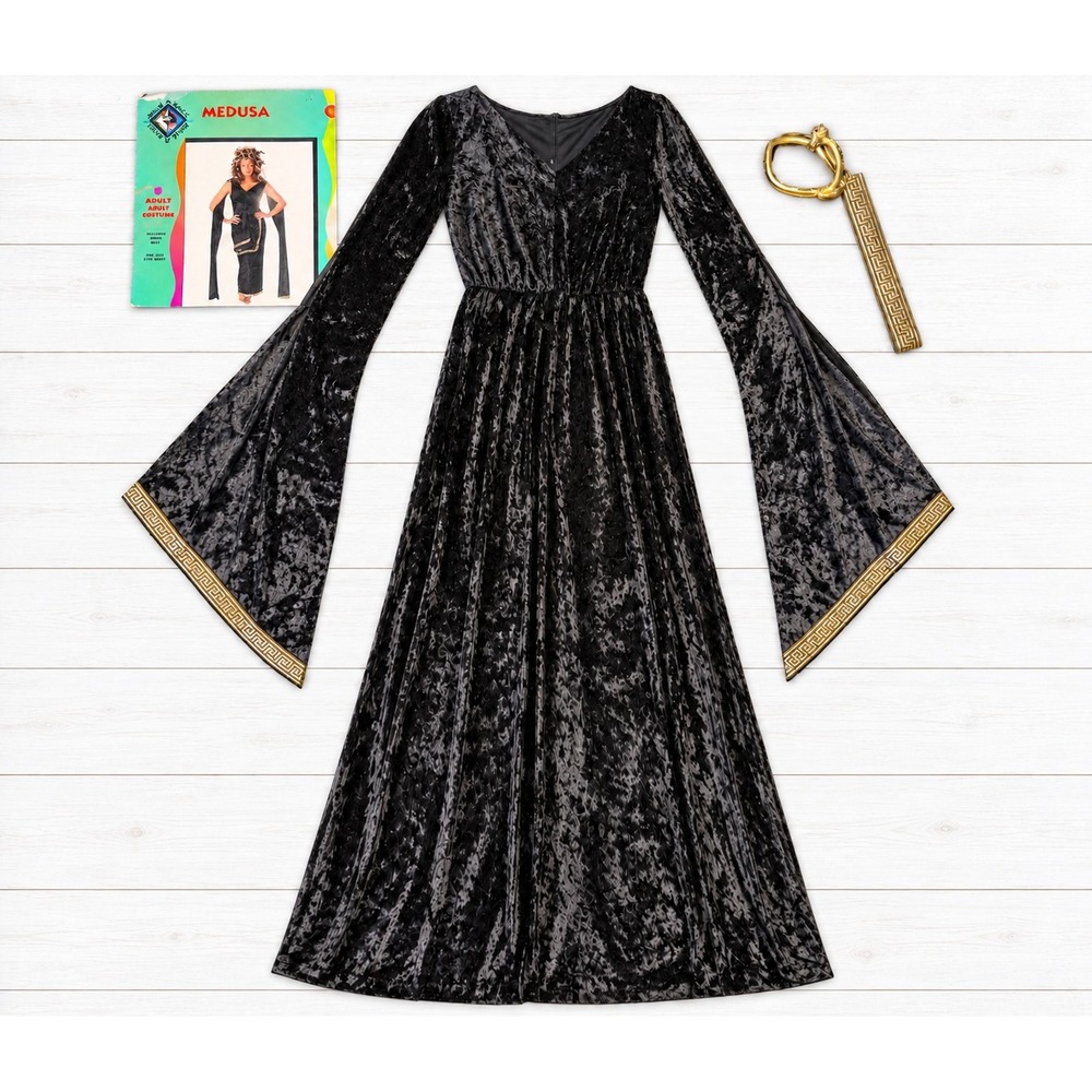 Disguise Medusa Costume Black Crushed Velvet Gold Greek Key Maxi Dress OSFM